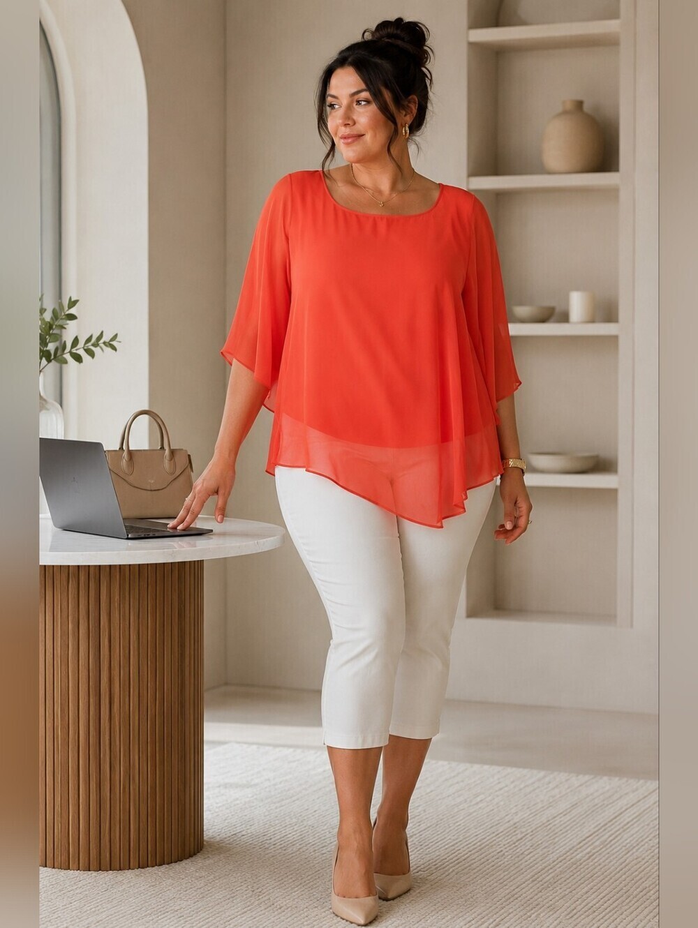 Suzy Shier+ Layered Crepe Sheer Top Coral Orange 3X Plus Size Flowy Blouse